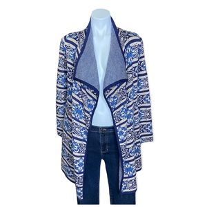 LUCKY BRAND Cardigan Sweater Aztec Open Front Waterfall Long Sleeves Blue XS